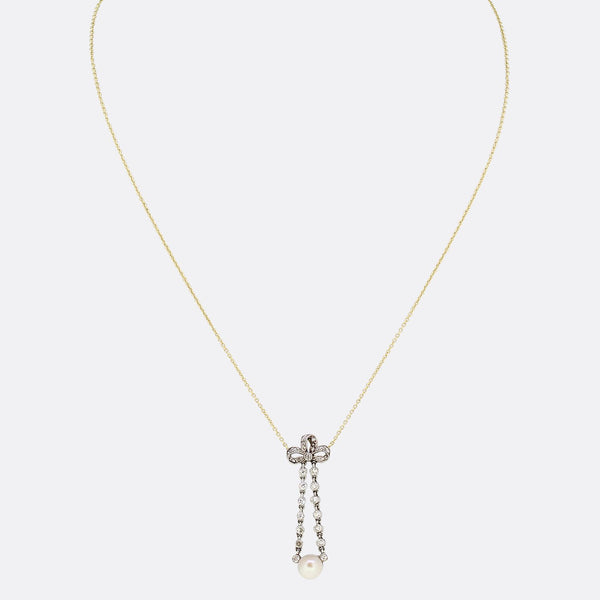 Edwardian Pearl and Diamond Bow Drop Necklace