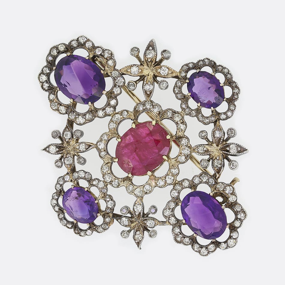 Victorian Amethyst, Ruby and Old Cut Diamond Brooch