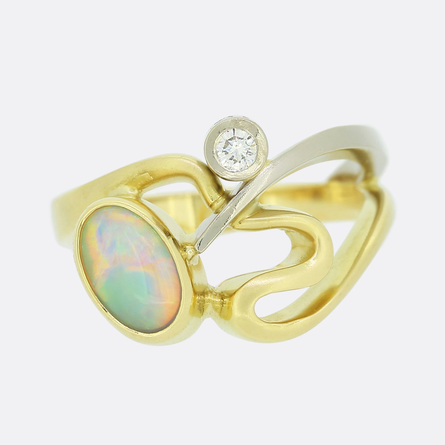 White Opal and Diamond Abstract Ring