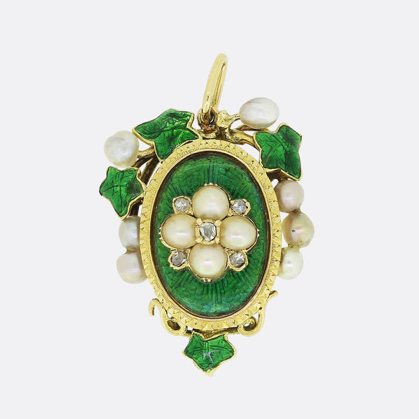 Victorian Pearl Diamond and Green Enamel Locket Pendant