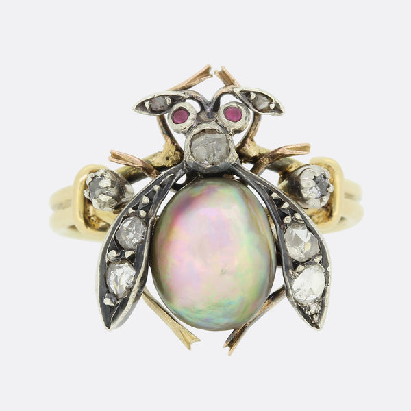 Victorian Natural Pearl and Diamond Fly Ring
