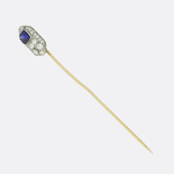 Art Deco 0.61 Carat Ceylon Sapphire and Diamond Stick Pin