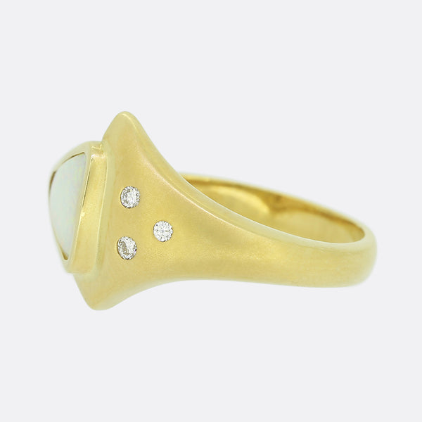 White Opal and Diamond Abstract Ring