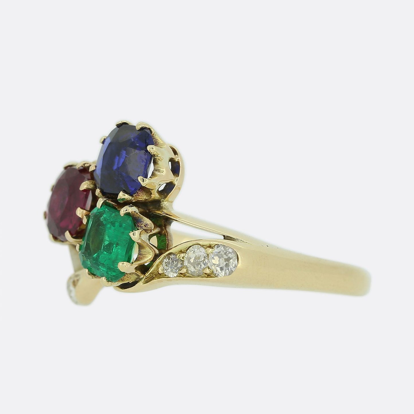 Edwardian Ruby Sapphire Emerald and Diamond Shamrock Ring