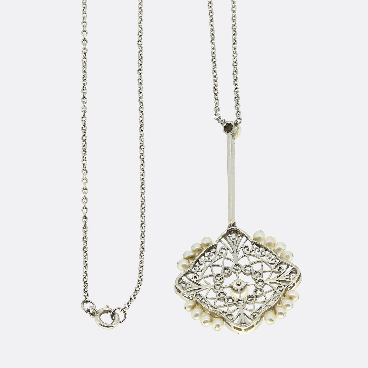 Edwardian Natural Pearl and Diamond Drop Necklace