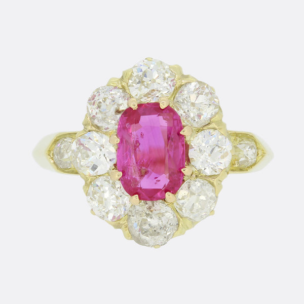 Burmese Ruby and Old Cut Diamond Cluster Ring