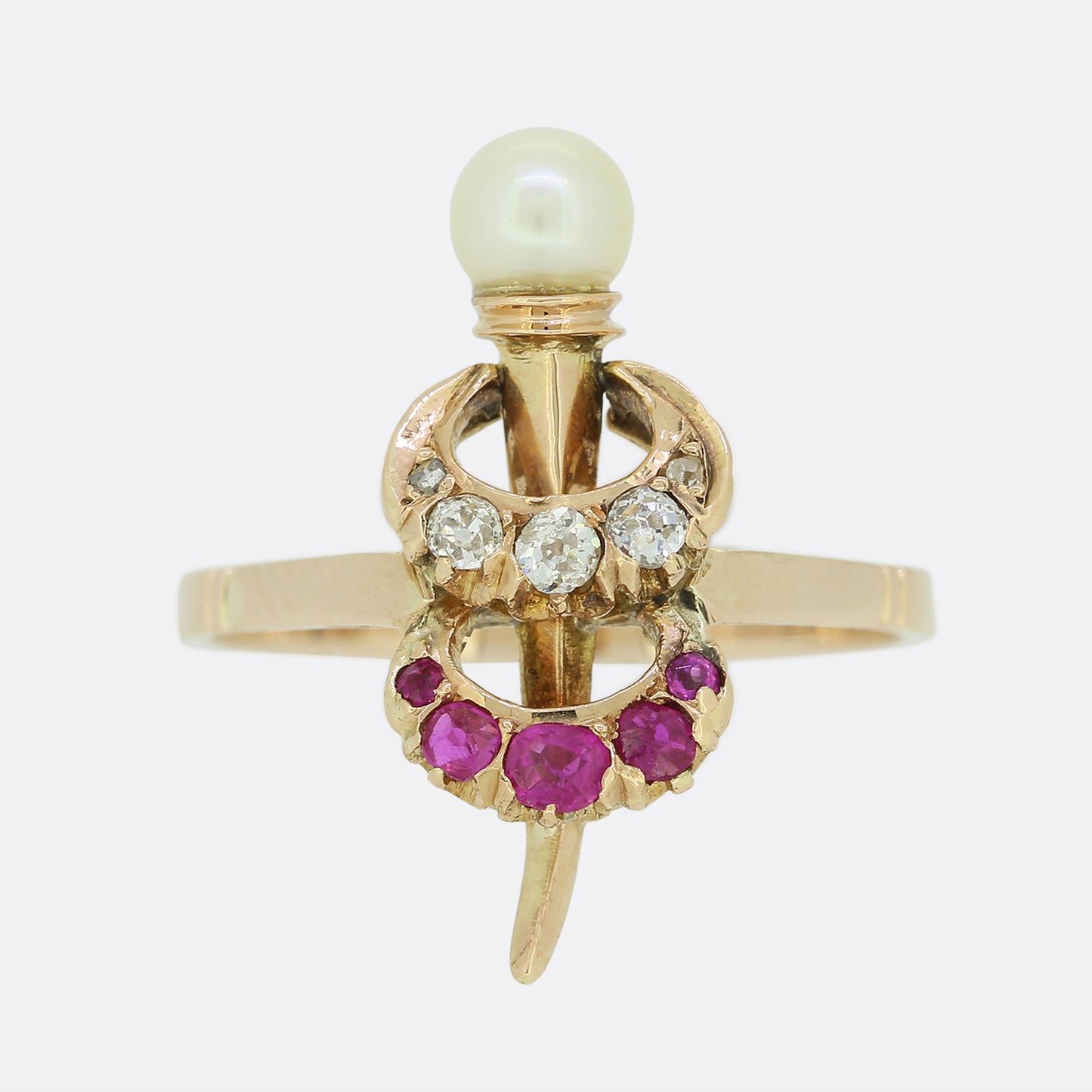 Victorian Natural Pearl Diamond and Ruby Crescent Ring