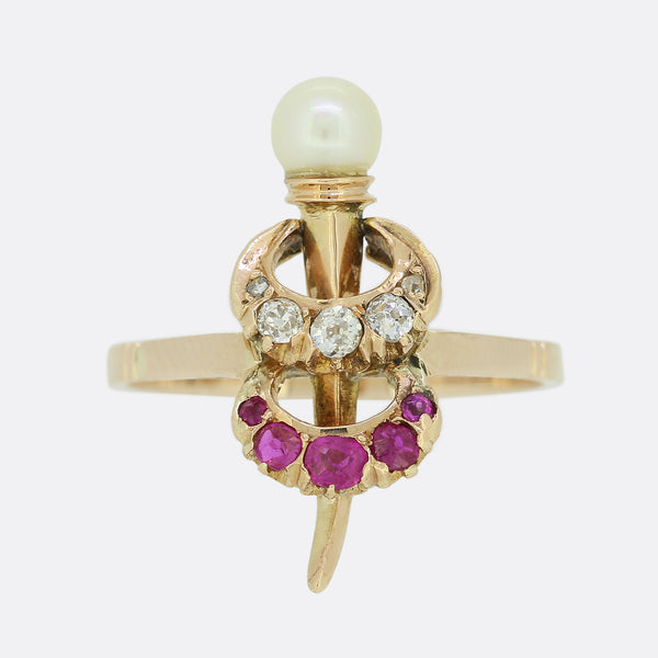 Victorian Natural Pearl Diamond and Ruby Crescent Ring
