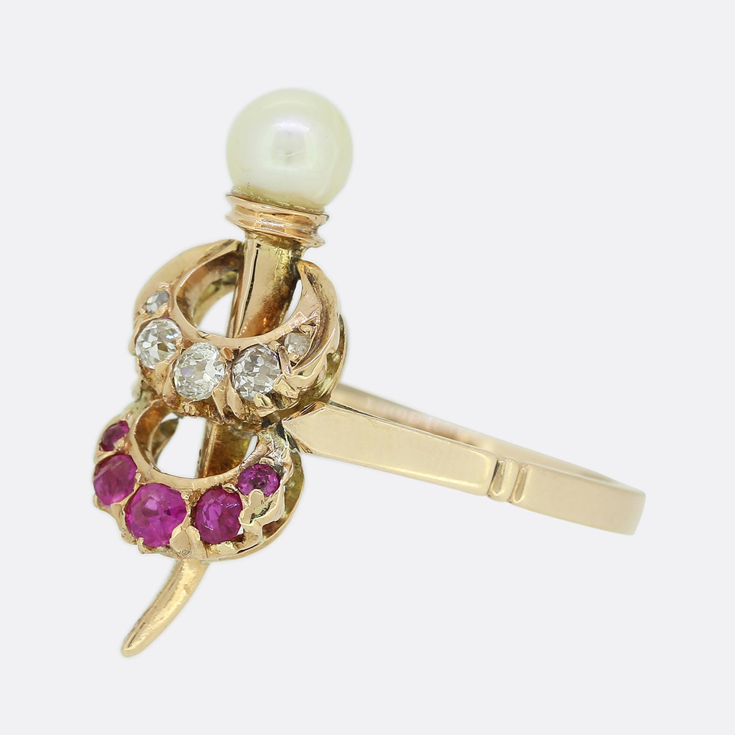 Victorian Natural Pearl Diamond and Ruby Crescent Ring