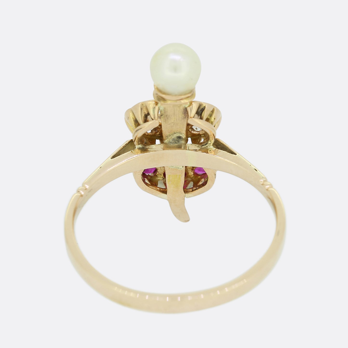 Victorian Natural Pearl Diamond and Ruby Crescent Ring