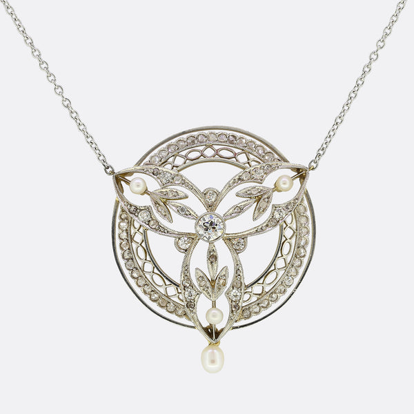 Edwardian Natural Pearl and Diamond Pendant Necklace