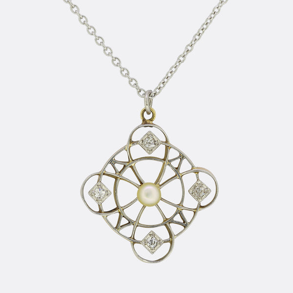 Edwardian Natural Pearl and Diamond Target Necklace
