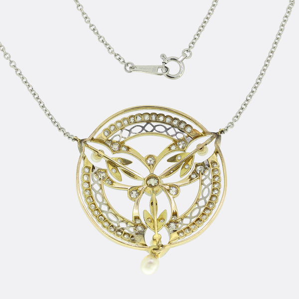 Edwardian Natural Pearl and Diamond Pendant Necklace