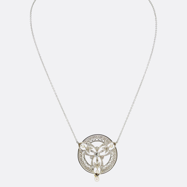 Edwardian Natural Pearl and Diamond Pendant Necklace