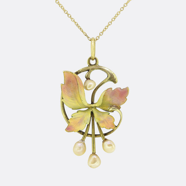 Art Nouveau Enamel and Pearl Pendant Necklace