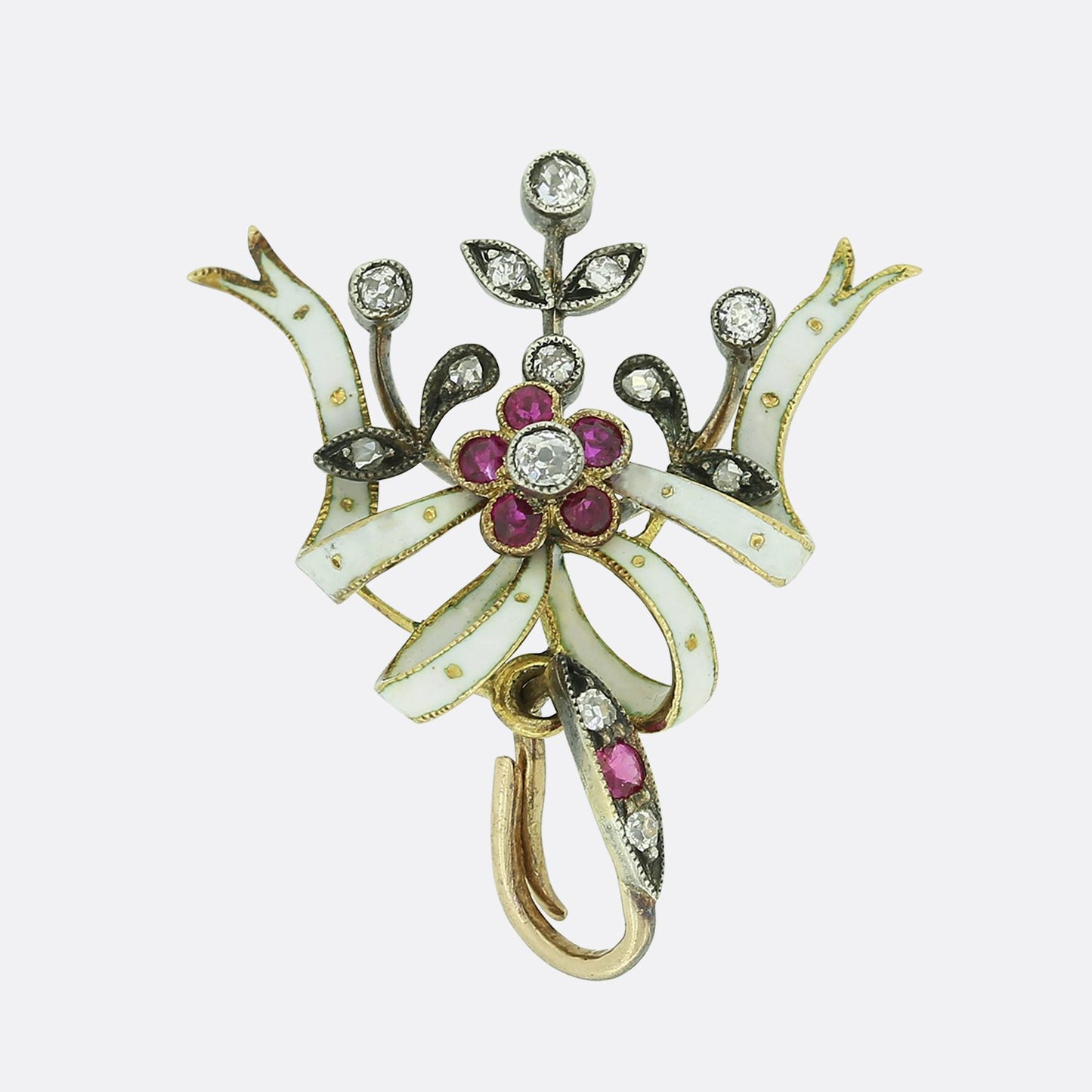 Victorian Ruby Diamond and White Enamel Floral Pendant