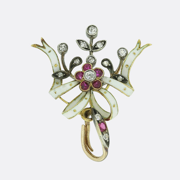 Victorian Ruby Diamond and White Enamel Floral Pendant