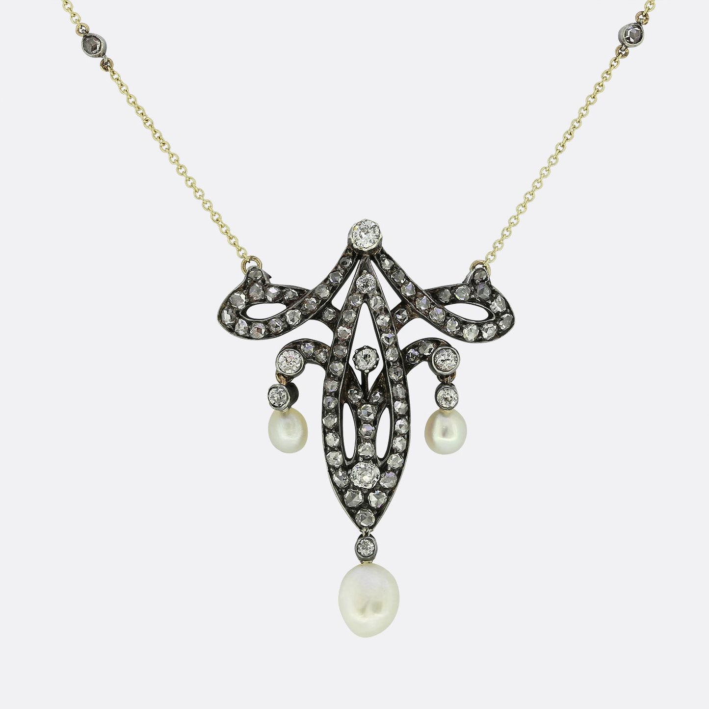 Edwardian Pearl and Diamond Drop Necklace