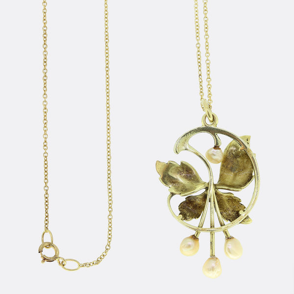 Art Nouveau Enamel and Pearl Pendant Necklace