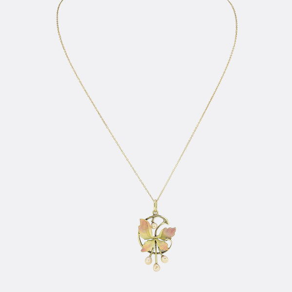 Art Nouveau Enamel and Pearl Pendant Necklace
