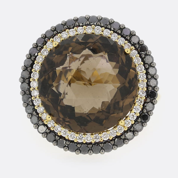 Smokey Quartz Black and White Diamond Cocktail Ring