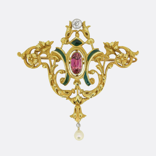 Art Nouveau Tourmaline Diamond and Pearl Brooch Pendant