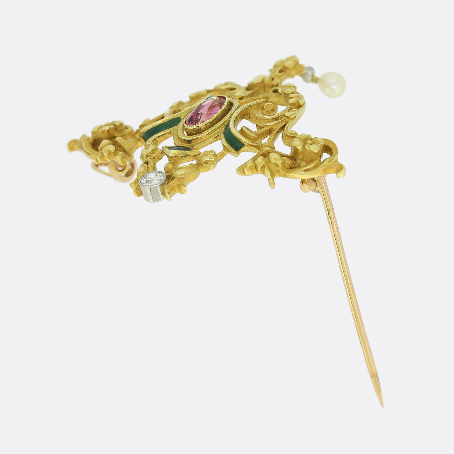 Art Nouveau Tourmaline Diamond and Pearl Brooch Pendant