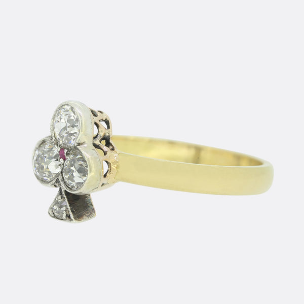 0.62 Carat Old Cut Diamond and Ruby Clover Ring
