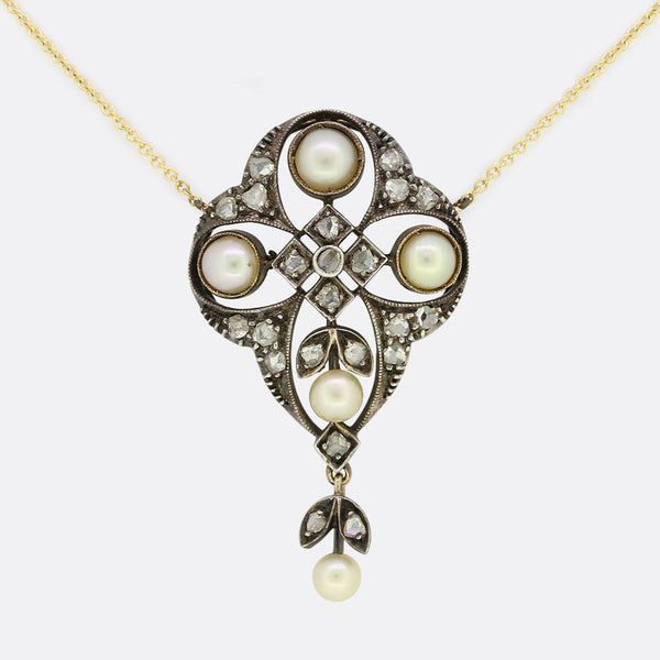 Victorian Natural Pearl and Diamond Pendant Necklace