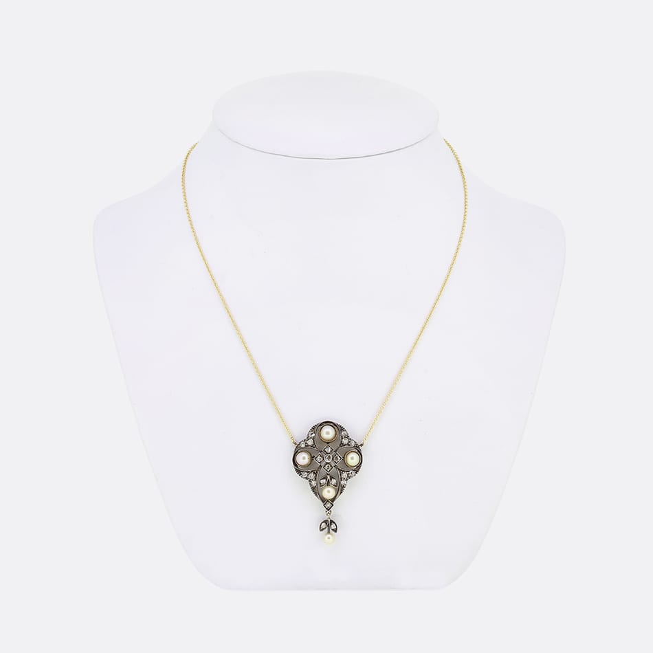 Victorian Natural Pearl and Diamond Pendant Necklace
