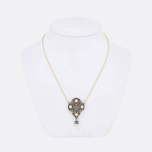 Victorian Natural Pearl and Diamond Pendant Necklace
