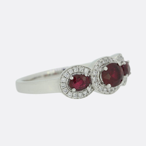 Ruby and Diamond Triple Cluster Ring