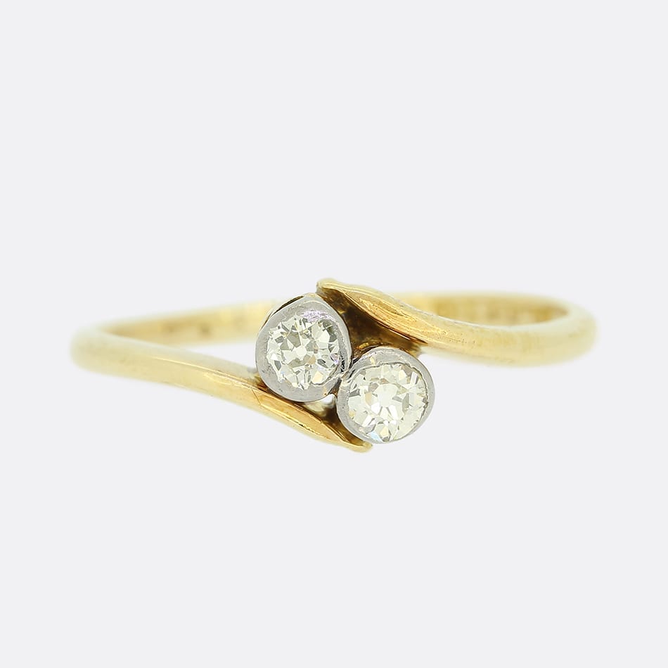 Art Deco 0.10 Carat Two Stone Diamond Crossover Ring