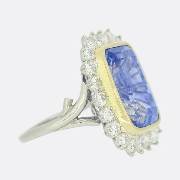 French 25.92 Carat Unheated Ceylon Sapphire and Diamond Cluster Ring