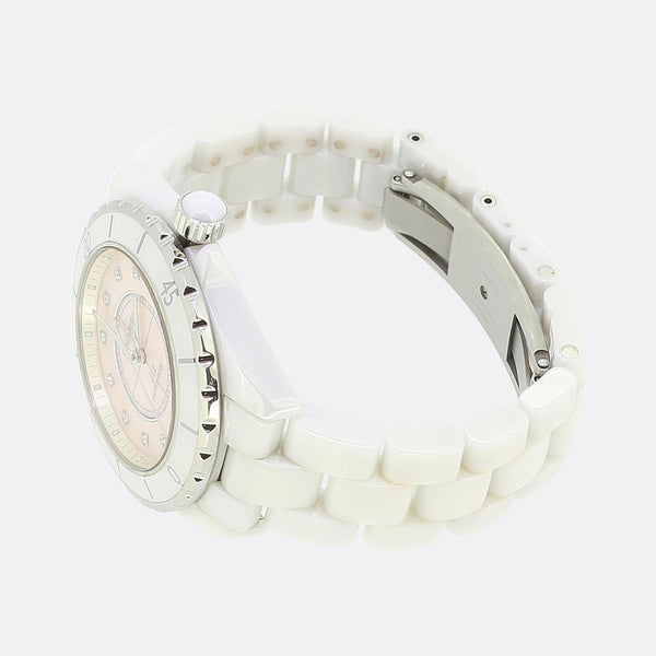 Chanel White Ceramic Pink Dial Automatic Ladies Wristwatch Ref.35606