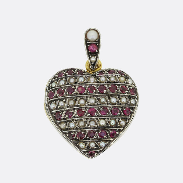 Edwardian Ruby and Pearl Heart Locket Pendant